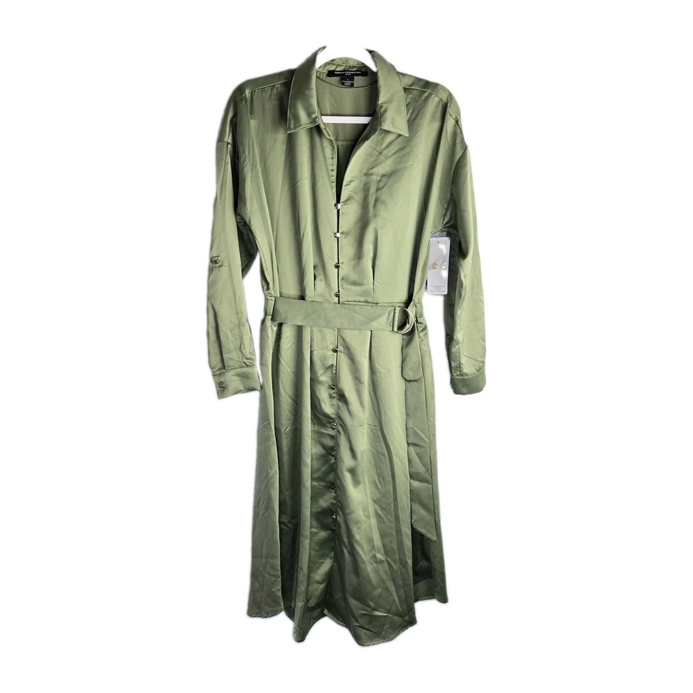 NWT French Connection Satin Shirt Dress Womens Largevolive Green Belted Midi